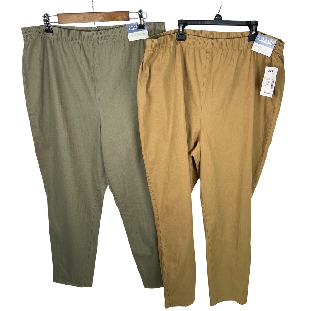 Liz & Me Womens 24W Pull On Pants Set of 2 Olive Green Camel Brown High Rise Vtg